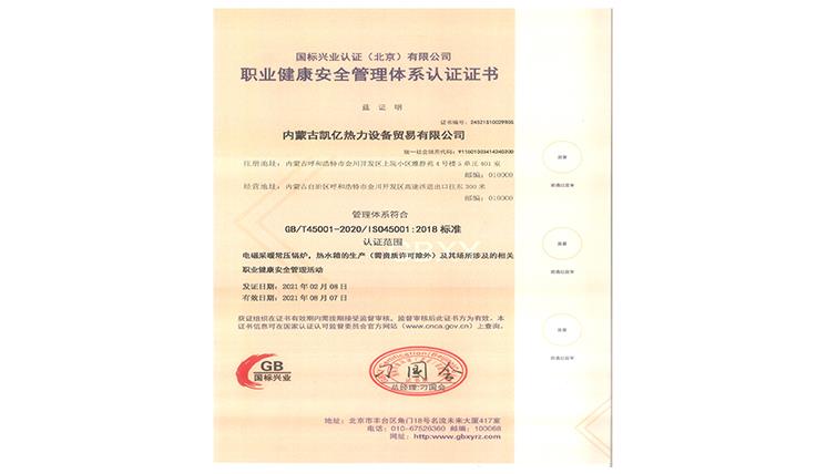 職業(yè)健康安全管理體系認證證書